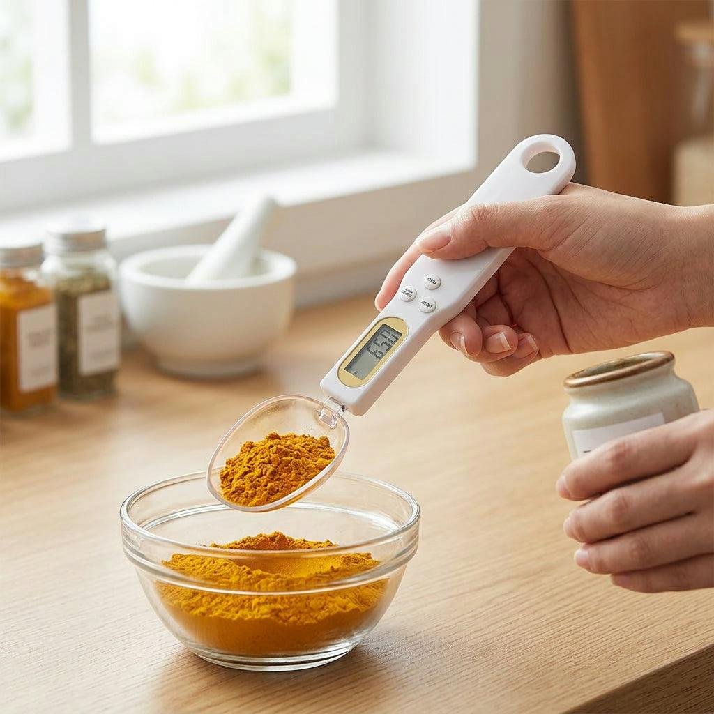 Reference photograph of a digital measuring spoon in use in a kitchen